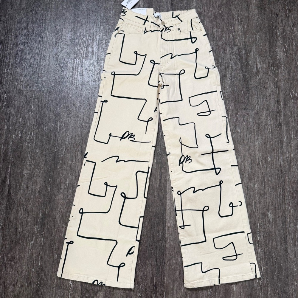 WeWoreWhat Wide Leg Jeans Womens 26 Cream Black Abstract Line Art High Rise NEW